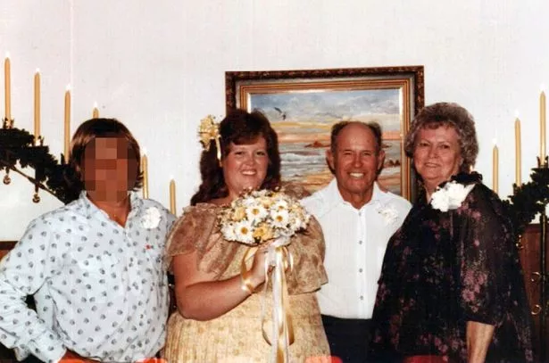 Gayla Neufeld, 52, who is using her 96 inch belly to entice men from around the world, including devoted hubby, Lance. Gayla is pictured with first husband, maternal grandfather and maternal grandmother in 1981